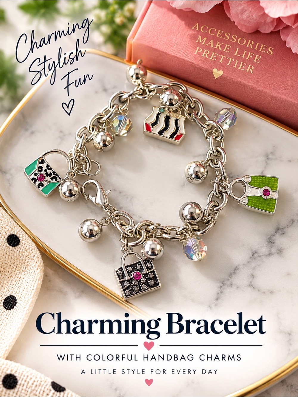 Charming Silver Bracelet with Colorful Handbag Charms